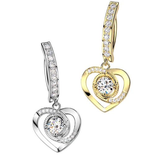 Paved CZ Heart Dangle Hinged Belly Rings
