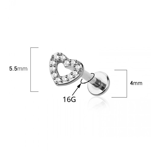 16G Paved CZ Heart Flat Back Labret Studs