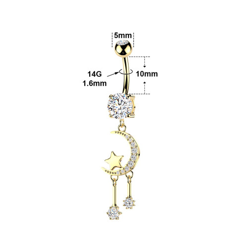 14G Crescent Moon Star Paved CZ Belly Button Rings