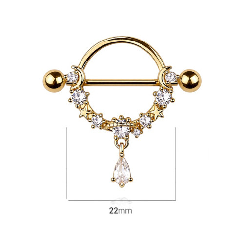 14G Dangling Teardrop CZ Moon Star Nipple Barball Ring