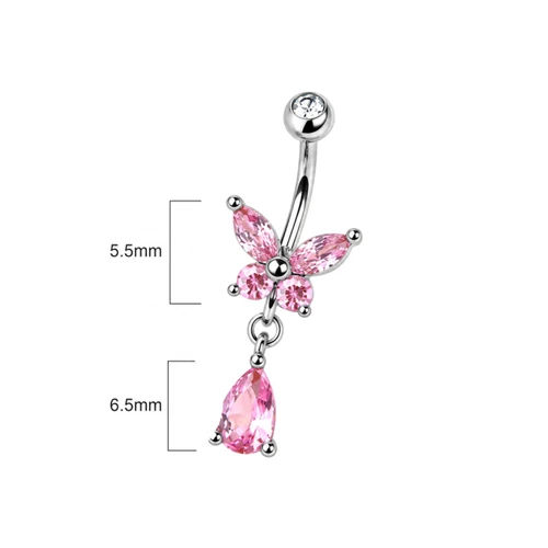 14G Butterfly Dangling Pink CZ Belly Button Ring Navel Piercing Jewelry