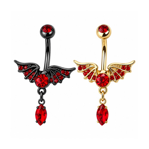 Red CZ Bat Wings Dangle Belly Button Ring