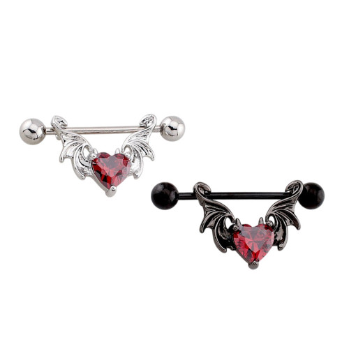 Devil Bat Wing Heart CZ Nipple Barbell