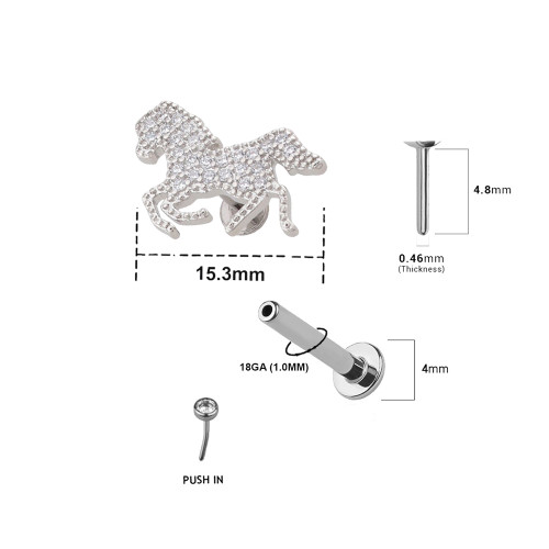18G 3D Prancing Horse CZ Labret Flat Back Stud
