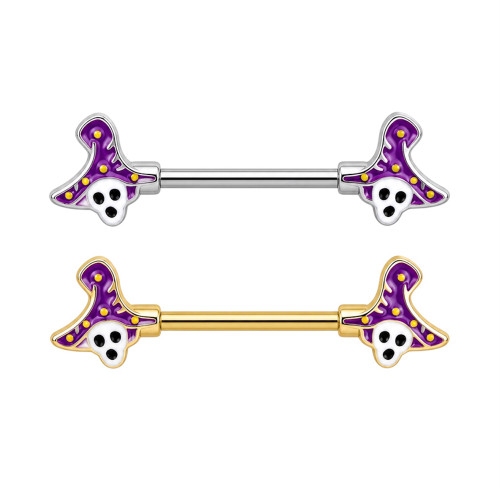 Witch Hat Scary Face White Skull Nipple Barbell