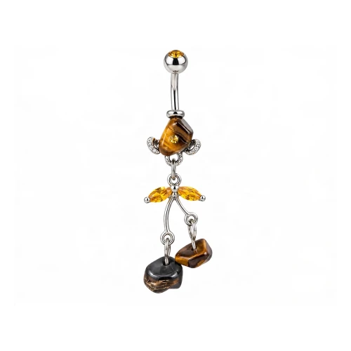 Tiger Eye Stone Dangle Amber CZ Belly Ring