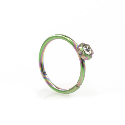Anodized Titanium Bendable Nose Hoop Ring with Flower Design and Cubic Zirconia Stone 20G