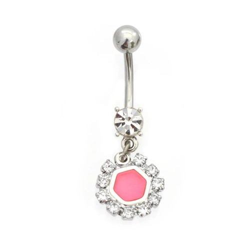 Paved CZ Pink Hexagon Shaped Belly Ring Piercing