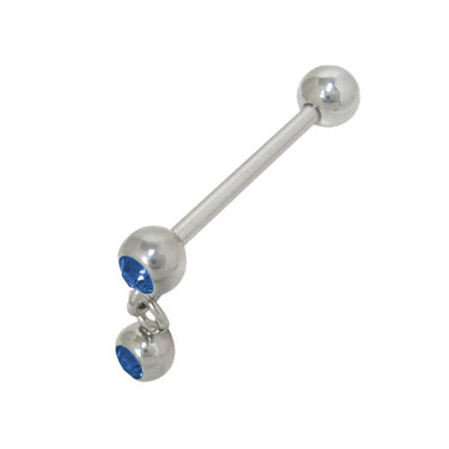 Barbell Tongue Ring Surgical Steel with Dangle Double Jewel Bead 