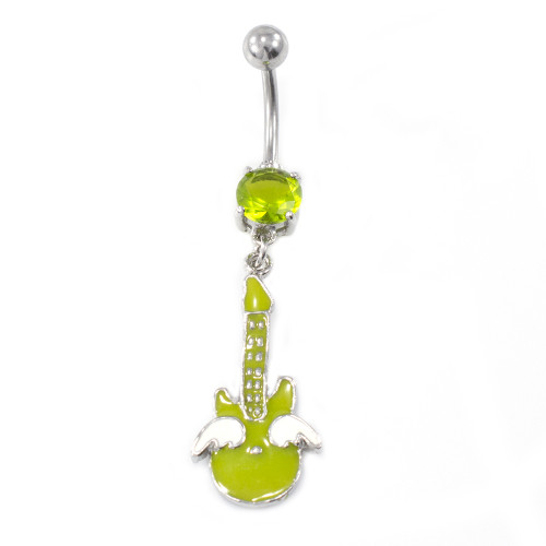 Guitar Dangle Design with Light Green Prong CZ Belly Button Ring 14g