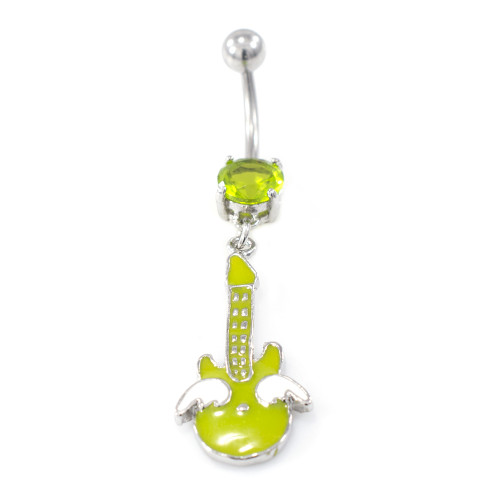 Guitar Dangle Design with Light Green Prong CZ Belly Button Ring 14g