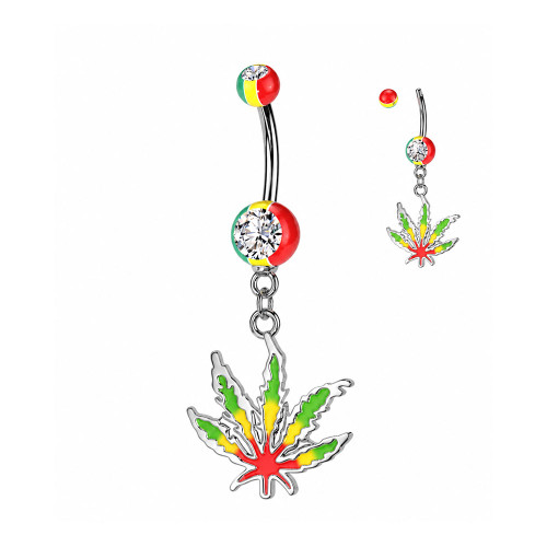 Marijuana Leaf Dangle CZ Belly Button Ring