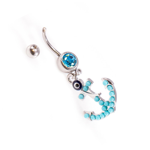 14G Aqua CZ Anchor Dangle Belly Ring