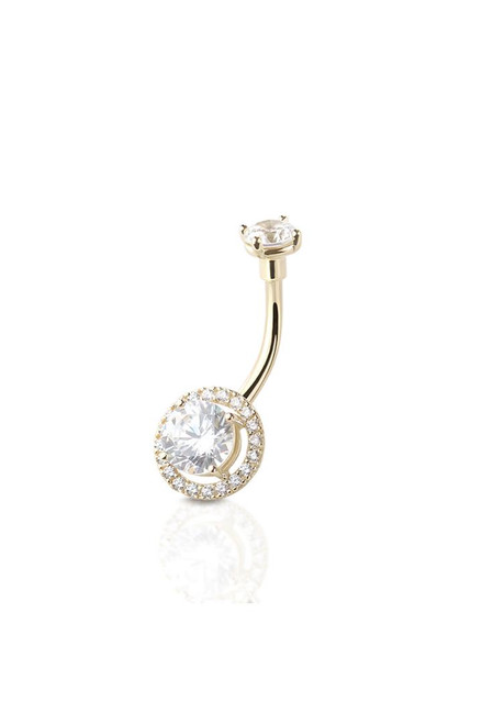 Solid 14k Gold Belly Button Ring with 6 mm Cubic Zirconia 14ga