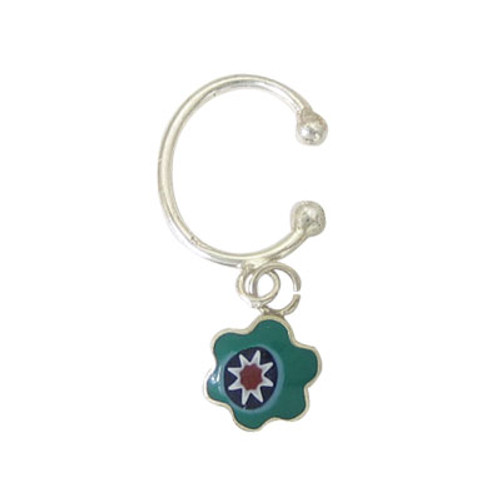 Belly Button Clip Sterling Silver Non-Piercing with Green Dangling Flower Design