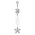 Six CZ Flower and Two Overlapping Diamonds Dangle Surgical Steel Belly Button Ring 14ga