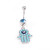 Hamsa Hand Dangle Design and Aqua CZ Jewels Belly Button Ring 14ga