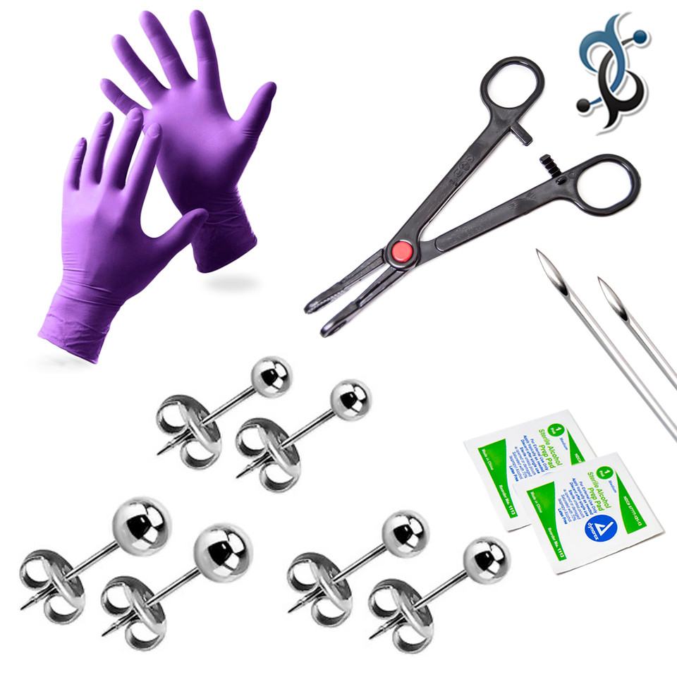 38Piece Professional Piercing Kit Lip, Nipple, Belly, Eyebrow, Tongue, Threaded shaft, Ear