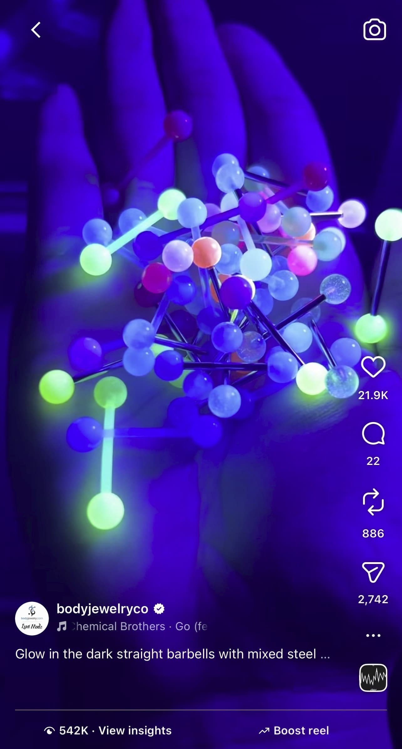 20PCS UV Glow Ball Straight Barbells 14G 16mm