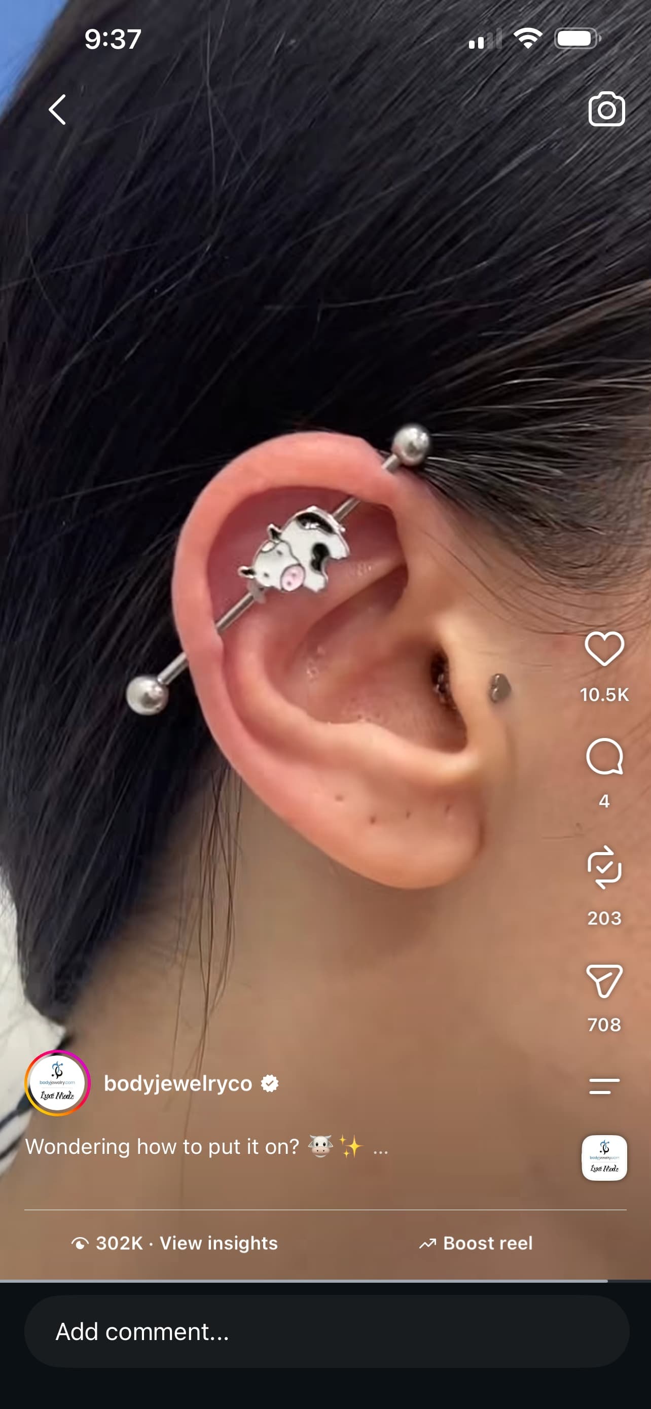 Cute Cow Industrial Barbell 14G 38mm