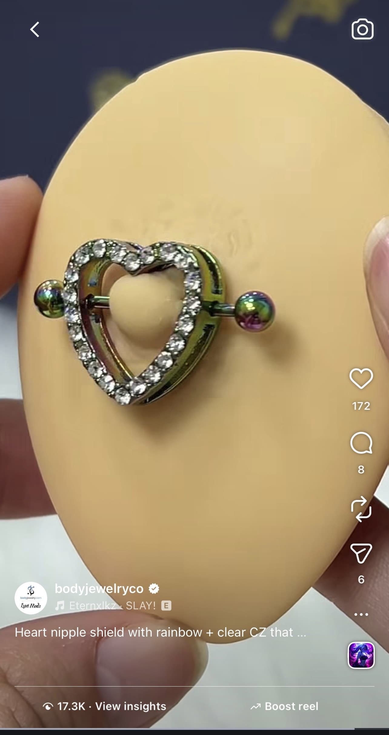 CZ Gems Heart Nipple Ring Shield Barbell 14G