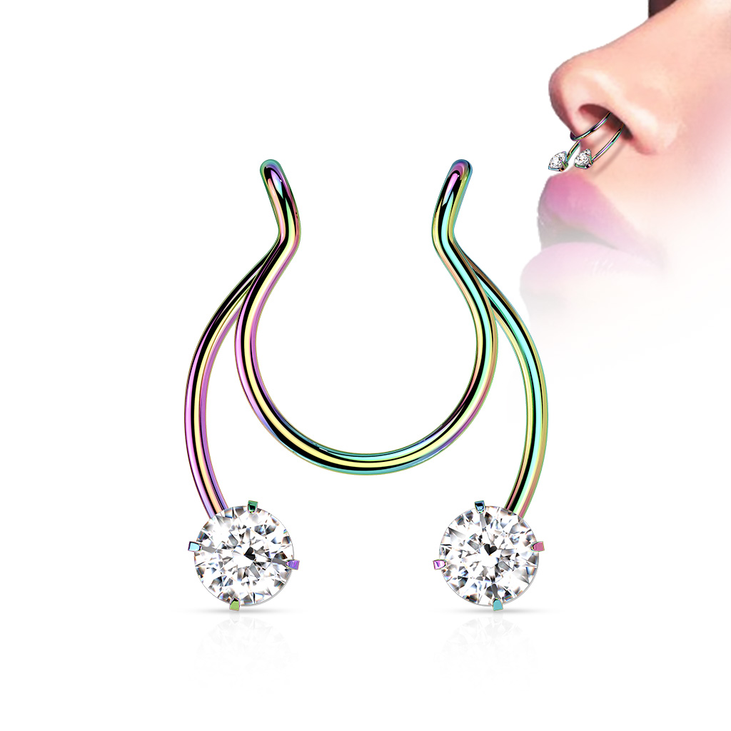 Fake Clip on Horseshoe with Forward Facing Prong Set CZ for Septum, Nipple and Ear Surgical steel