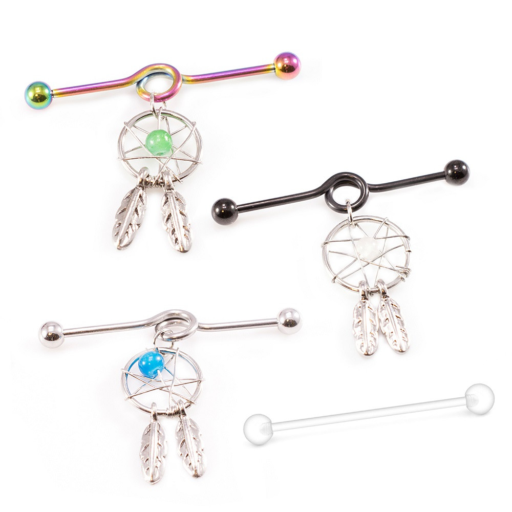 Industrial Barbell with Dream Catcher Dangle and Industrial Retainer 14G 38mm