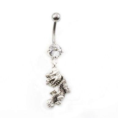 Dragon Design with Prong CZ Belly Button Ring 14ga