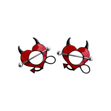 Pair of Nipple Shields Barbells Ring Red Enamel Heart with Devil ...