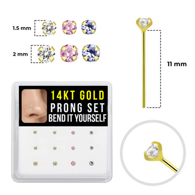 14K Solid Gold Tiny Fishtail Nose Stud With CZ - 24 Gauge (0.5mm) Dainty Nostril Jewelry