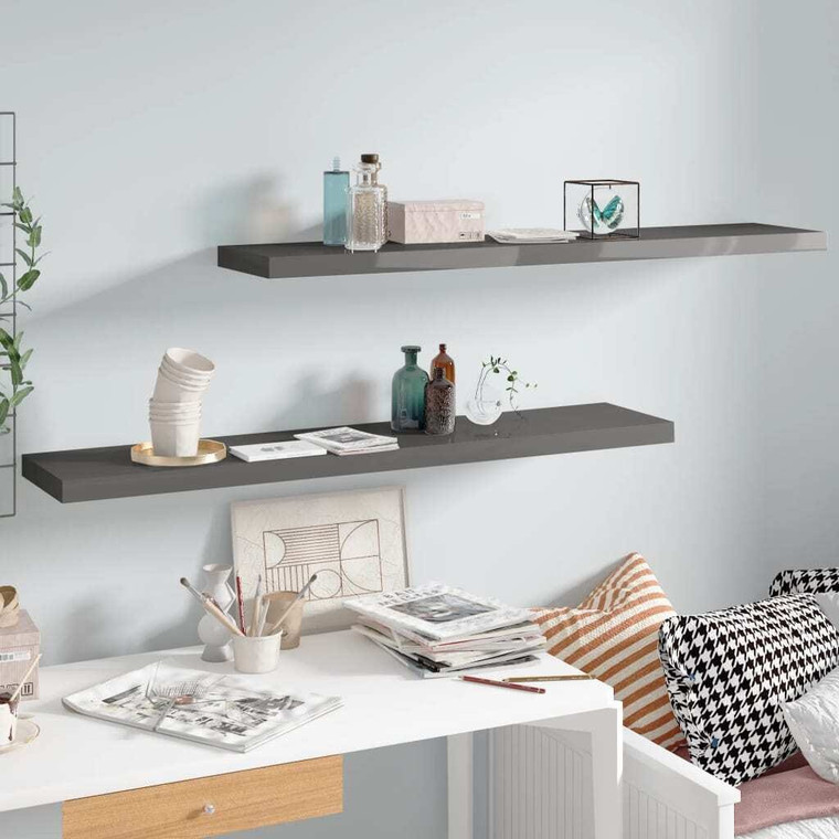  Floating Wall Shelves 2 pcs High Gloss Gray 47.2"x9.3"x1.5" MDF A949-323800