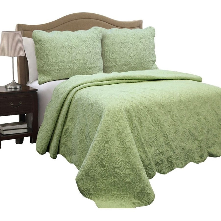 Full Queen Green Cotton Quilt Bedspread with Scalloped Borders Q280-FQPMHA569881