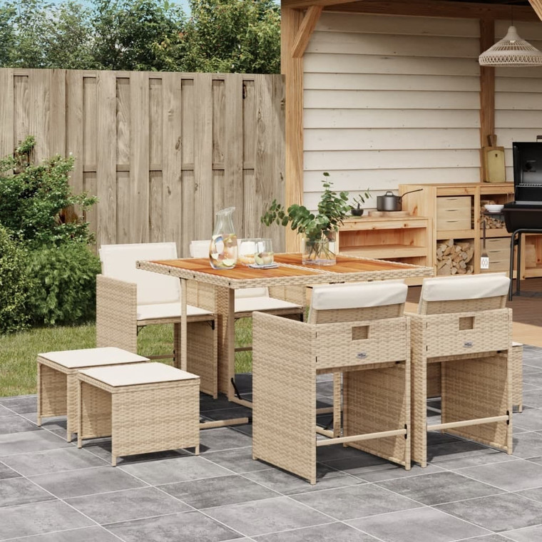  9 Piece Patio Dining Set with Cushions Beige Poly Rattan A949-3277911