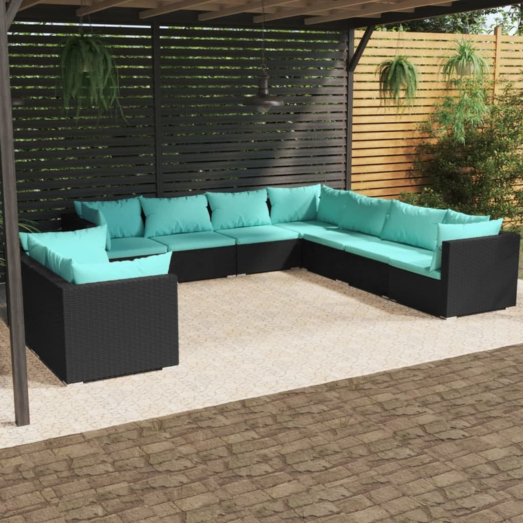  9 Piece Patio Lounge Set with Cushions Black Poly Rattan A949-3102497