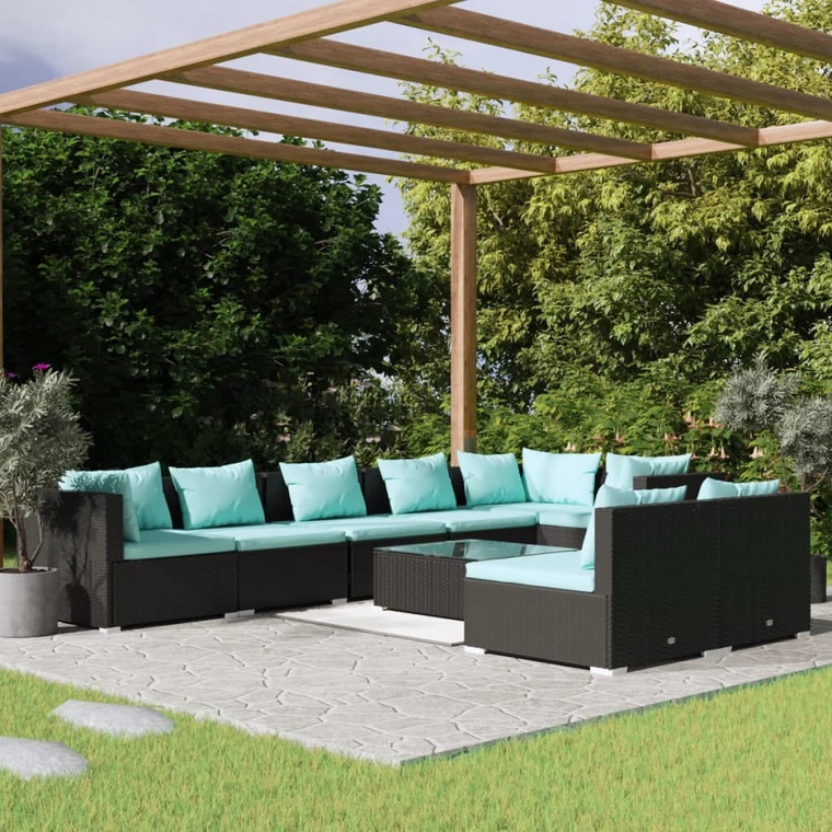  9 Piece Patio Lounge Set with Cushions Black Poly Rattan A949-3102409