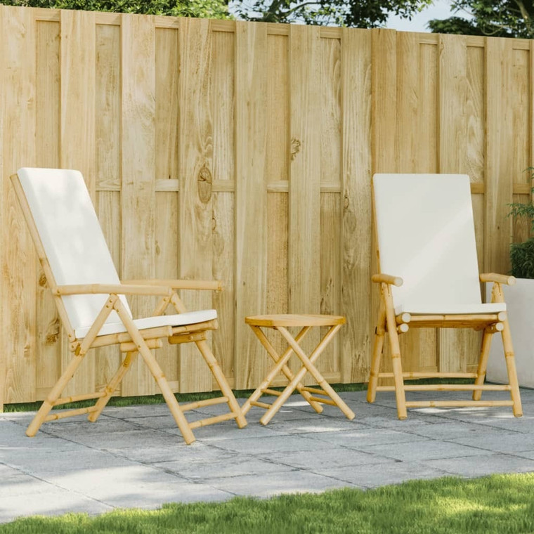  3 Piece Folding Bistro set with Cream White Cushions Bamboo A949-3208937
