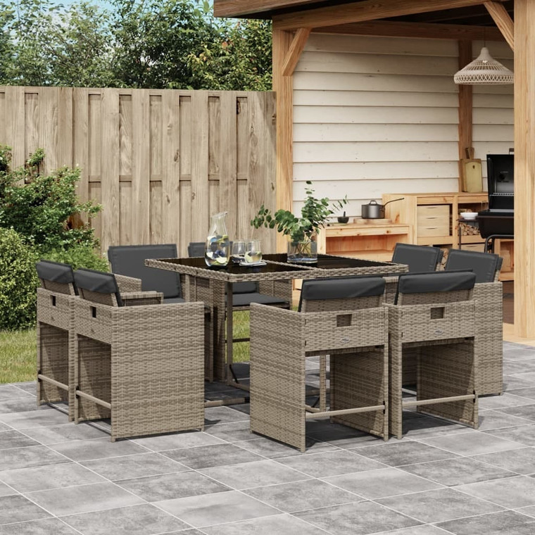  9 Piece Patio Dining Set with Cushions Gray Poly Rattan A949-3277963