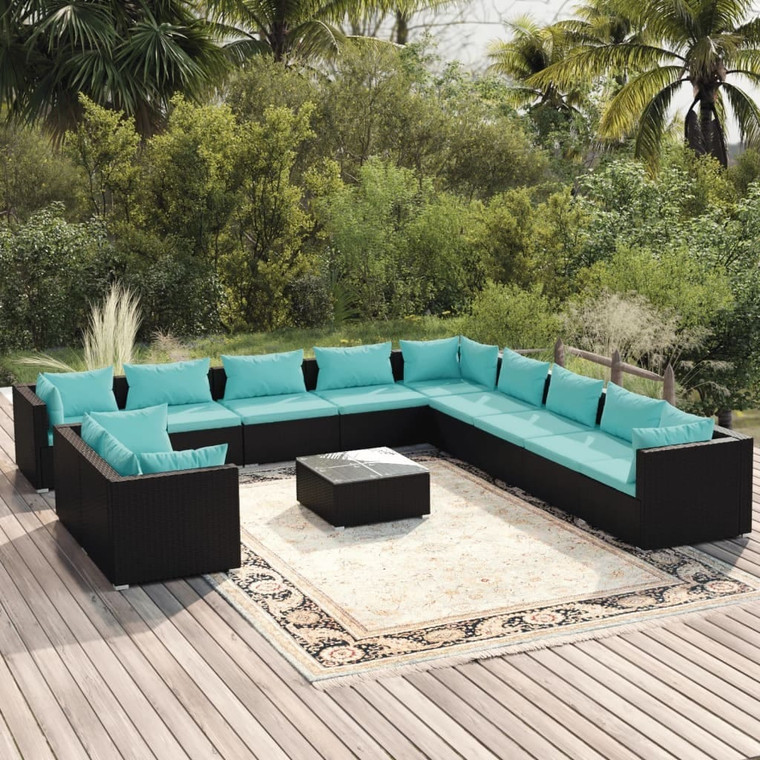  12 Piece Patio Lounge Set with Cushions Black Poly Rattan A949-3102537