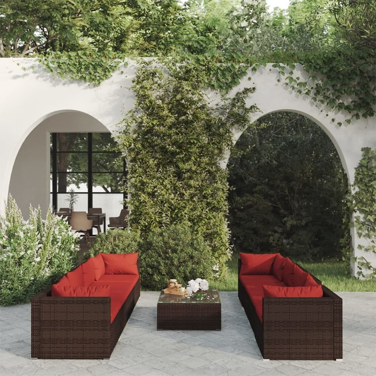  9 Piece Patio Lounge Set with Cushions Poly Rattan Brown A949-3101515