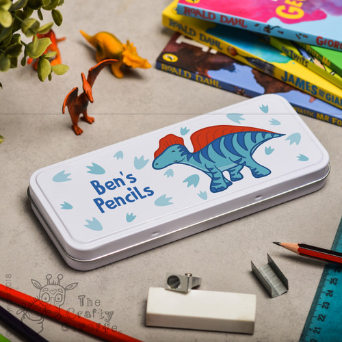 Personalised Blue Dinosaur Pencil Tin