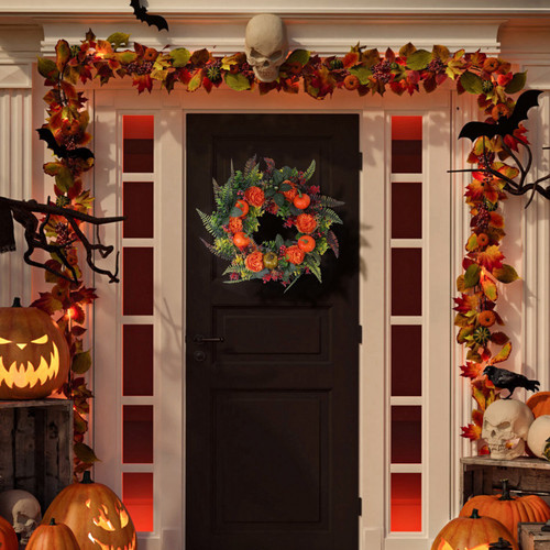 17.71IN Autumn Wreath with Pumpkin Mixed Leaves Berries Flowers Fall Decoration for Indoor Outdoor Window Wall Front Door in Halloween Thanks Giving Day
