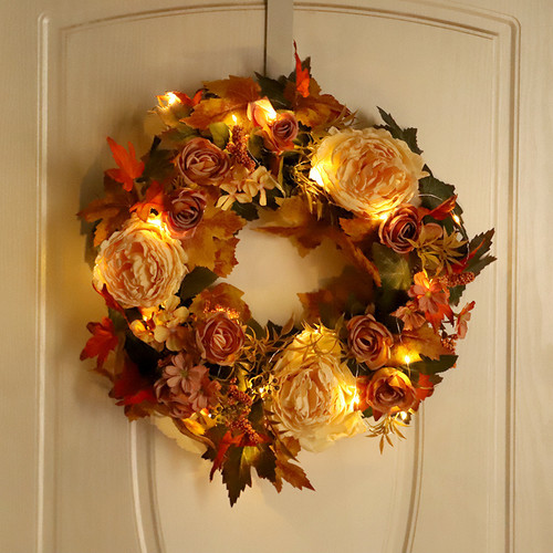 Thanksgiving Peony Maple Leaf Wreath Decorative Hanging Home Fall Faux Flowers Wall Wreaths