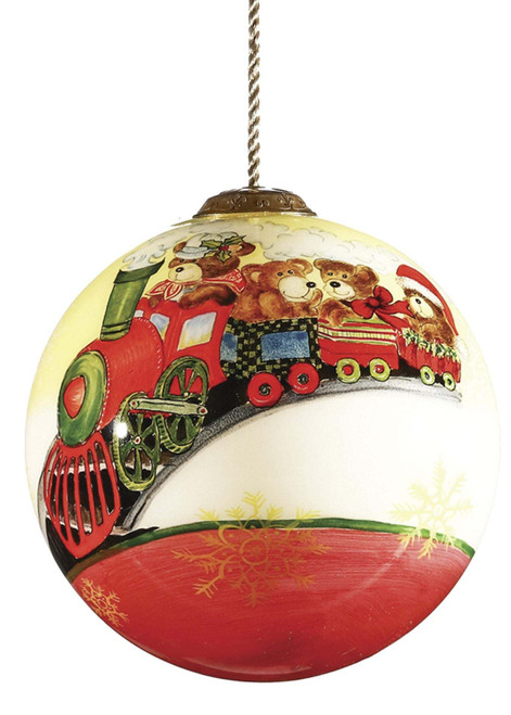 Baby First Christmas Teddy Bear Train Hand Painted Glass Hanging Ornament