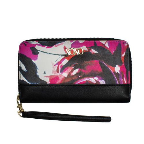 XOXO Women's Small Floral Print Saffiano Leather Zip Around Wallet with Wristlet