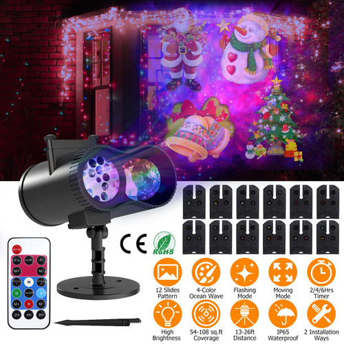 12 Patterns LED Projector Lights IP65 Waterproof Ocean Wave Projector Light with Remote Control Timer for Christmas Halloween Festival Wedding Party Decoration