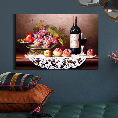 Framed Canvas Wall Art Decor Painting, Still Life Wine and Grape Fruits on Table Oil Painting Style Decoration For Restaurant, Kitchen, Dining Room, Office Living Room, Bedroom Decor-Ready To Hang