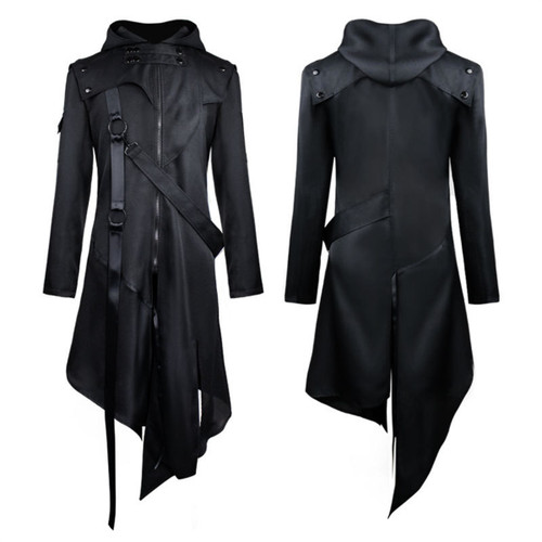 Halloween Costumes for Men, Retro Steam Punk Gothic Cape Jacket Long Sleeve Hooded Metal Button Long Trench Coat
