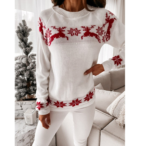 Winter Christmas Sweater New Elk Partial Jacquard Ladies Knitted Long Sleeve Top