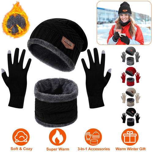 Winter Knitted Hat Scarf Gloves 3Pcs Winter Warm Beanie and Touch Screen Gloves Scarf Set Knit Beanie Skull Cap Neck Warmer Mittens for Men Women