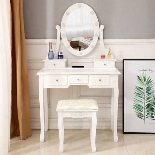 FCH With Light Bulb Single Mirror 5 Drawer Dressing Table White(=60709581)